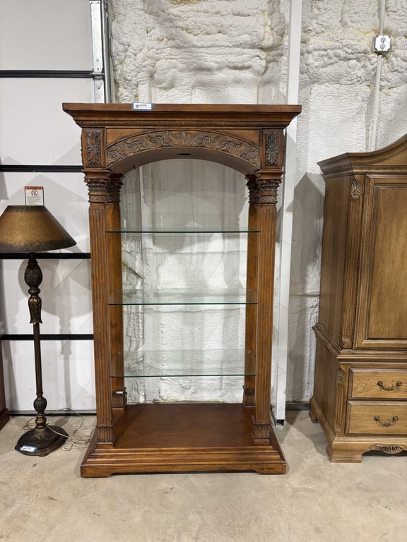 Ornate Italian Carved Wood and Glass Lighted Display Shelf