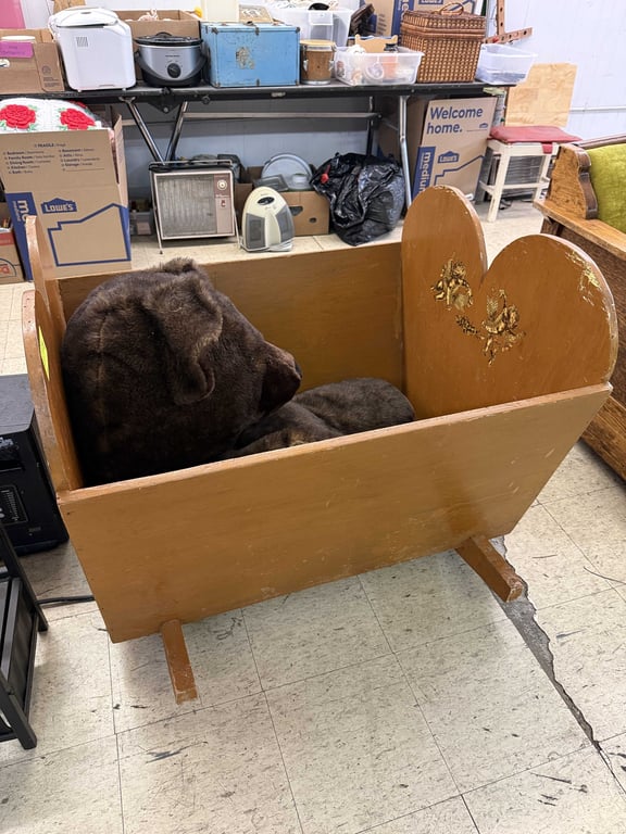 LARGE HANDMADE CRADLE W/LG STUFFED BEAR