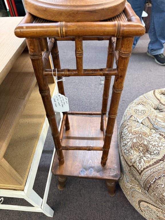 WOOD STOOL, SM. PLANT STAND & TALL WOODEN CANDLE HOLDER
