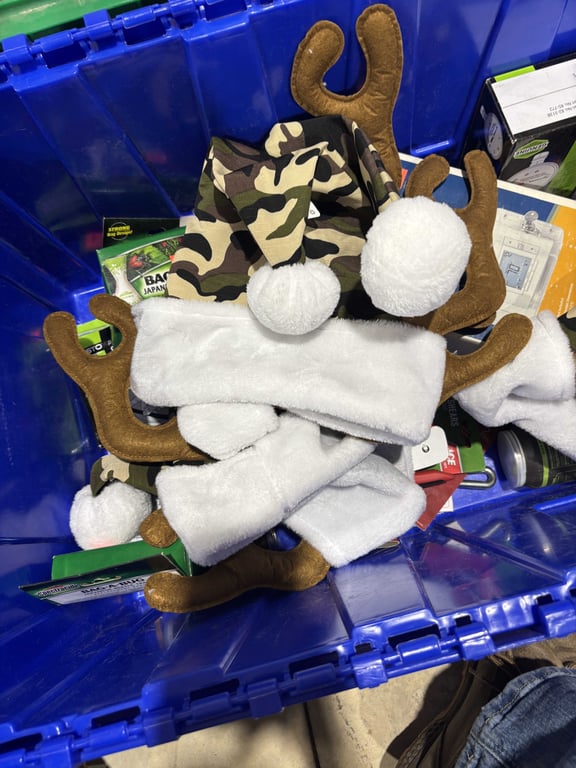 Tote of bed bug killer, anvil shears, holiday hats - Image 3