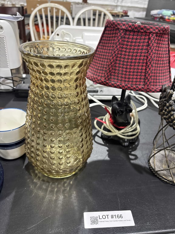 Hobnail Vase, Iron Candle Holder and Small Dog Lamp - Image 2