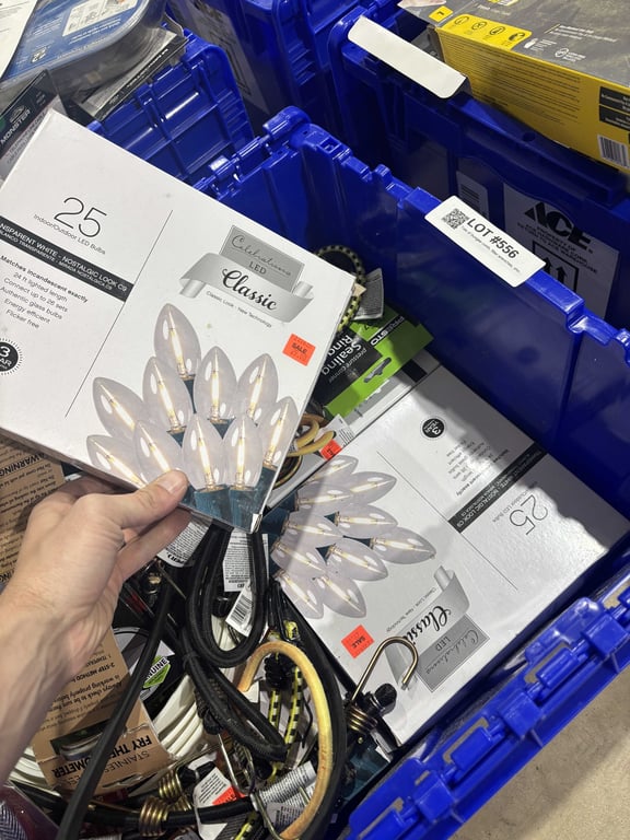 Tote of bungee cords, filter wrenches, shower handles, string lights, etc - Image 4