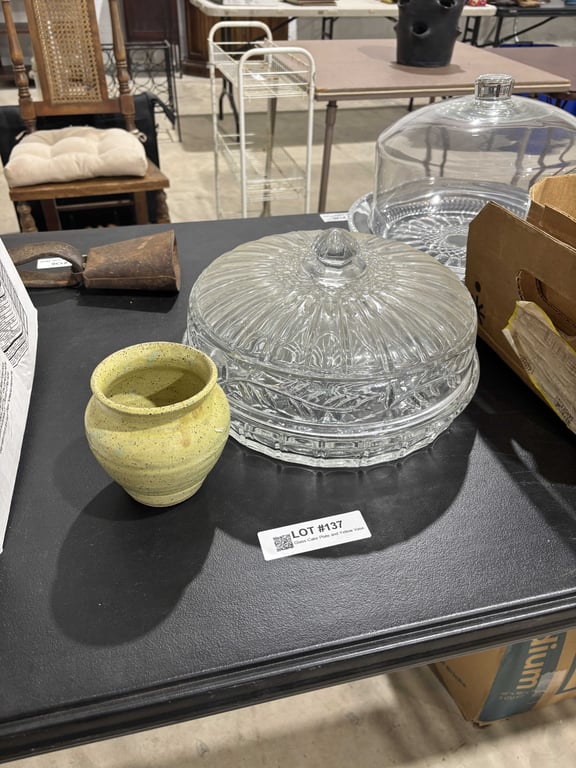Glass Cake Plate and Yellow Vase