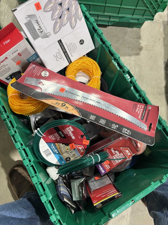Tote of Misc Weedeater Line, Rope, Clothesline Wire, Christmas Lights, Misc - Image 7