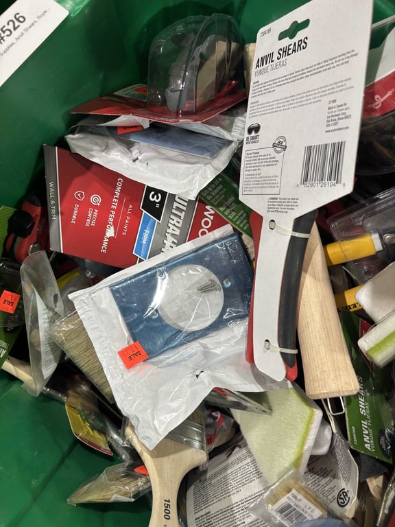 Tote of Paint Supplies, Anvil Shears, Rope, Knobs, Filters, Misc - Image 8