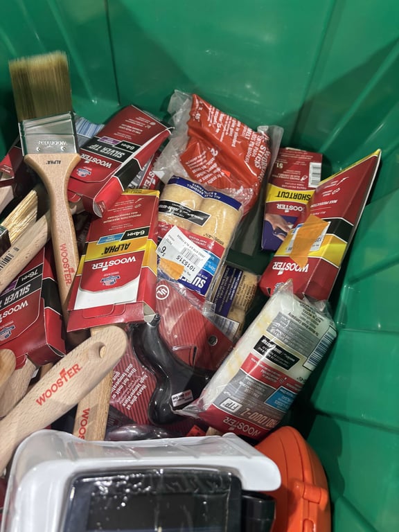 Tote of painting supplies, thread cutting oil, shower knobs, misc - Image 6