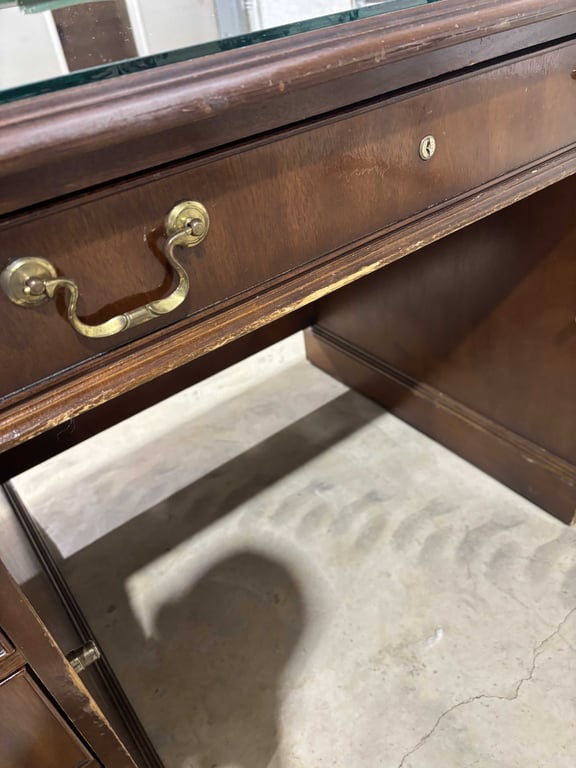Vintage Walnut Office Desk with Glass Top Cover - Image 8