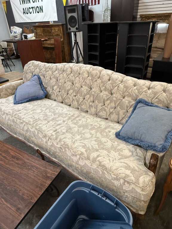 VTG CREAM COLORED FRENCH PROVINCIAL SOFA W/TUFTED BUTTON DEAIL & MATCHING CHAIR