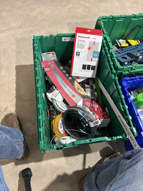 Tote of wire clothesline, cable, plastic, misc