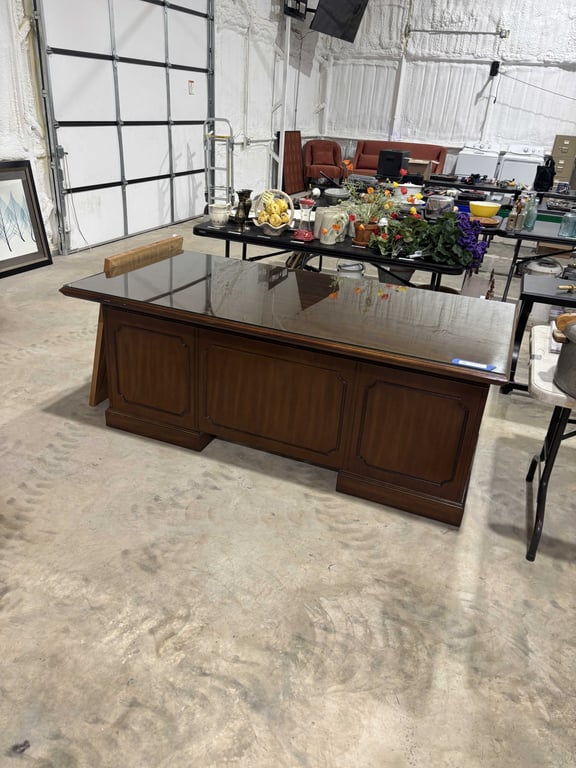 Vintage Walnut Office Desk with Glass Top Cover