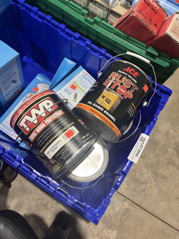 Tote of cleaning supplies and stain - Image 3