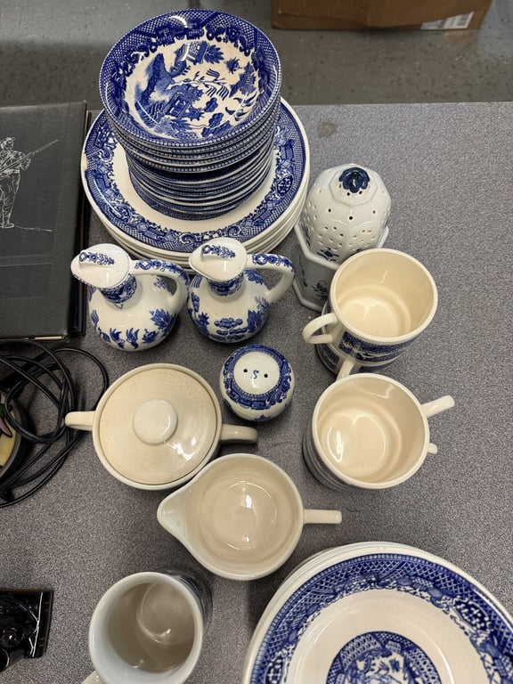 47 PCS. BLUE WILLOW DISHES (SOME ARE CHIPPED)