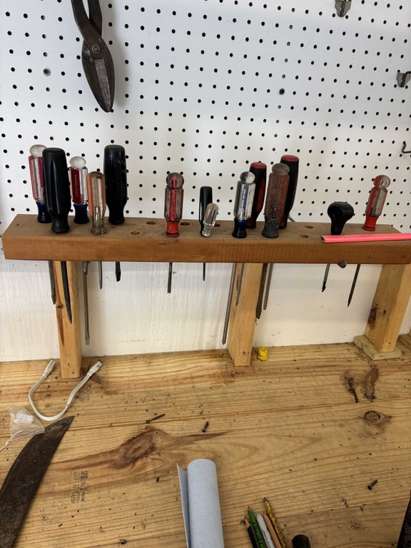 Contents of Wood Table Top and Pegboard Above - Image 4