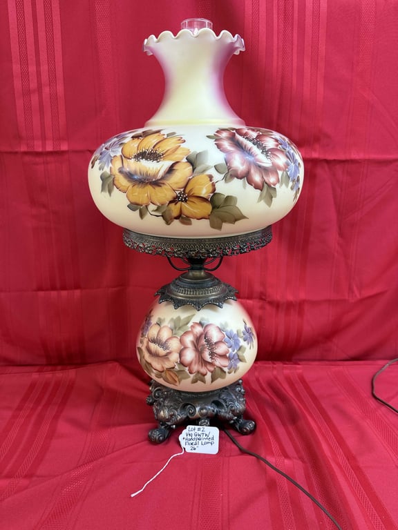 VTG GWTW HANDPAINTED FLORAL HURRICANE LAMP 26"