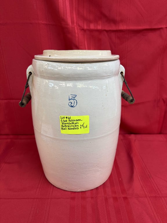 5 GAL. ROBINSON RANSBOTTOM BUTTERCHURNW/BAIL HANDLES & LID (LID CHIPPED)