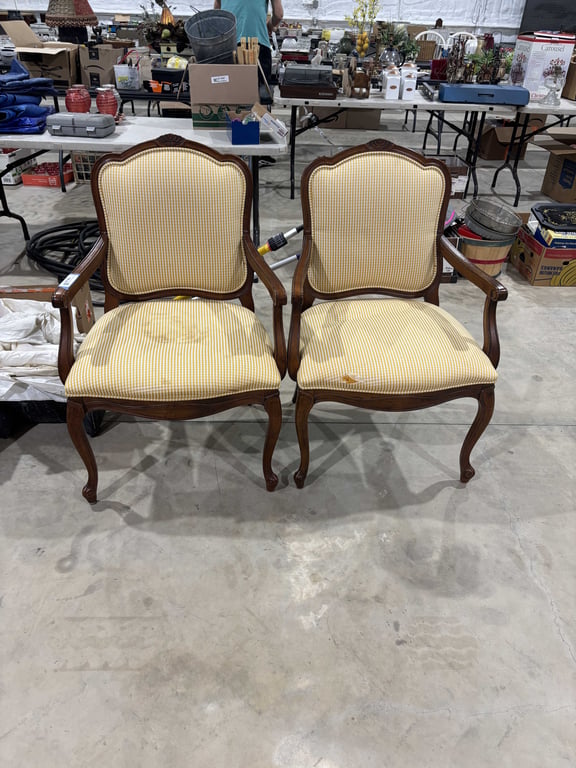 Two Vintage Wood Framed Arm Chairs