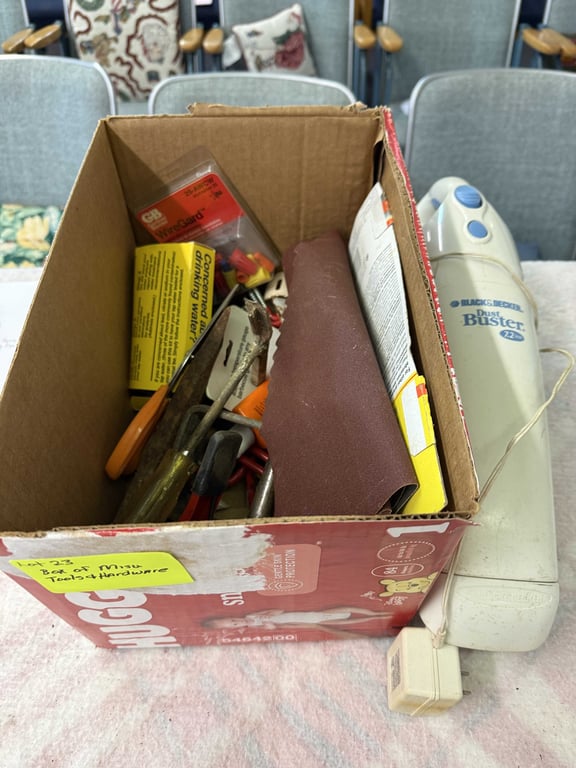 BOX OF MISC TOOLS & HARDWARE