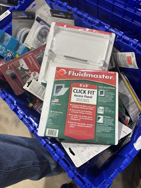 Tote of toilet flappers, spackling, toilet connectors, telephone line, extension cord, misc - Image 7