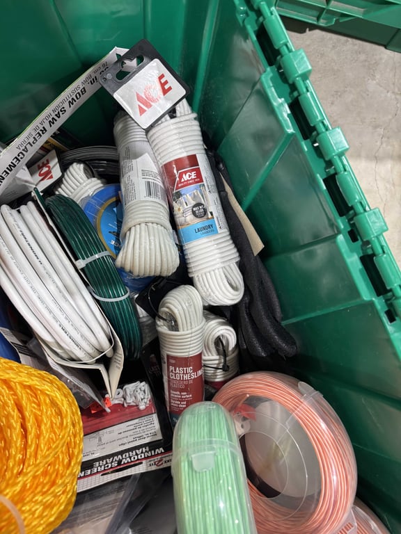 Tote of Misc Weedeater Line, Rope, Clothesline Wire, Christmas Lights, Misc - Image 8
