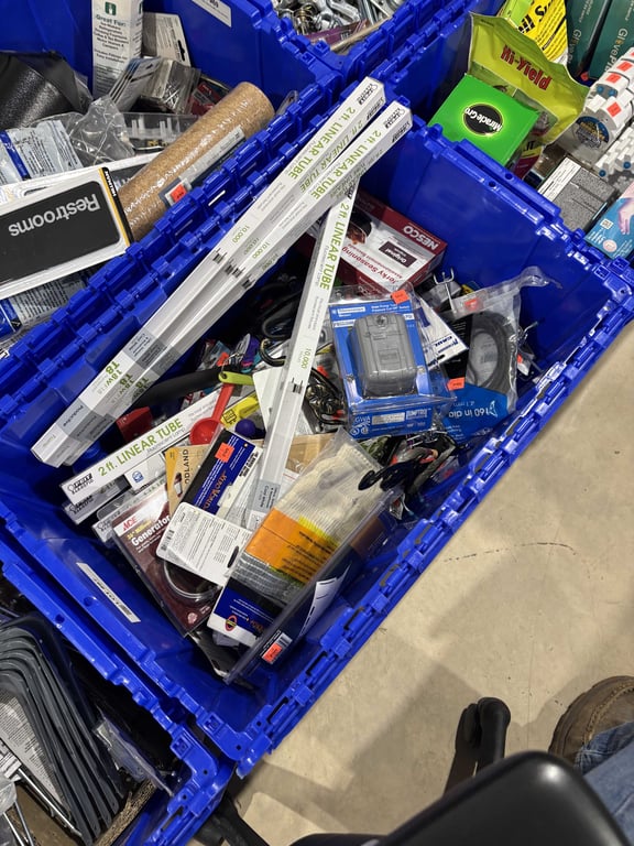 Tote of fluorescent bulbs, scissors, hooks, misc