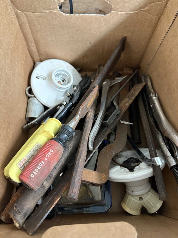 BOX OF MISC TOOLS, CHISELS, PLIERS ETC.