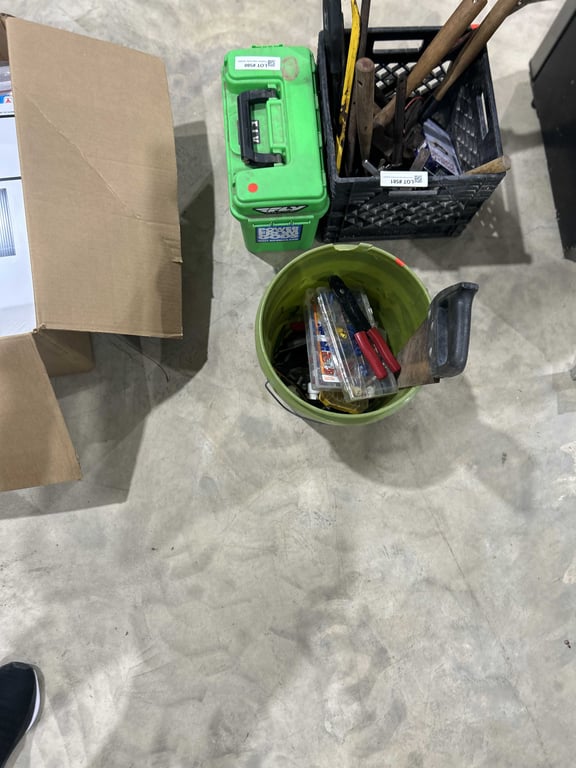 Bucket of misc electrical fittings, clips, small tools
