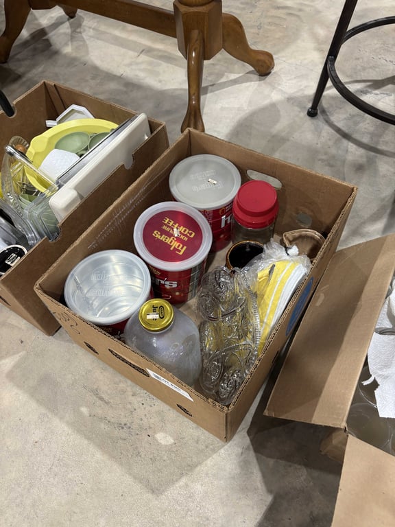 Box with shoes, cups, coffee cans, misc
