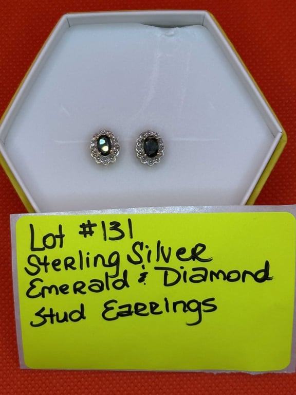 STERLING SILVER EMERALD & DIAMOND STUD EARRINGS