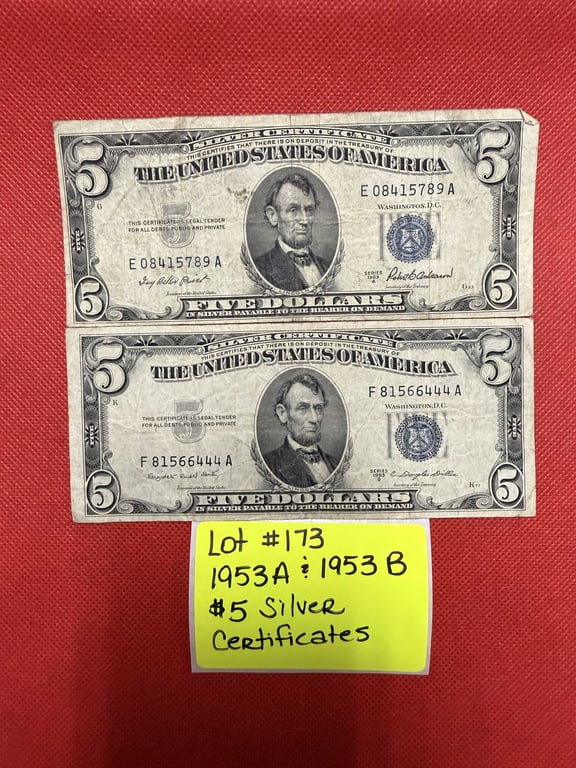 1953 A & 1953 B $5 SILVER CERTIFICATES