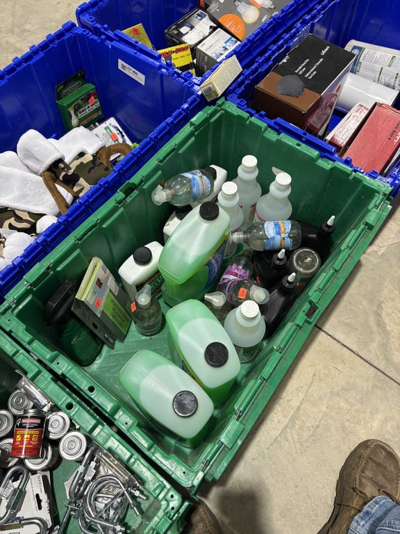 Tote of RainX, Septic Cleaner, misc fluids