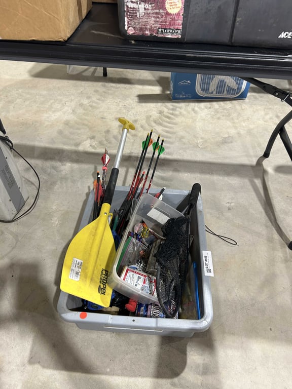 Box of misc arrows, knife, fishing supplies, etc