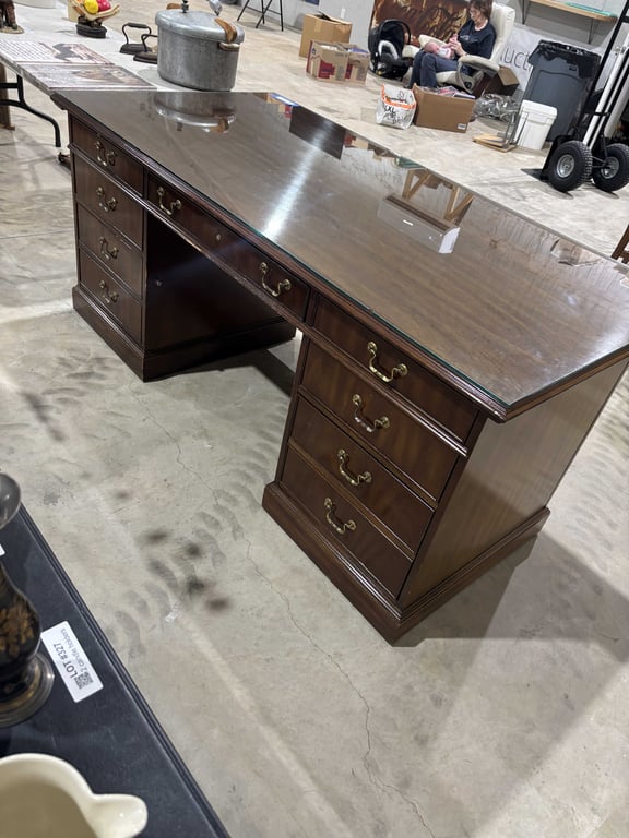 Vintage Walnut Office Desk with Glass Top Cover - Image 5