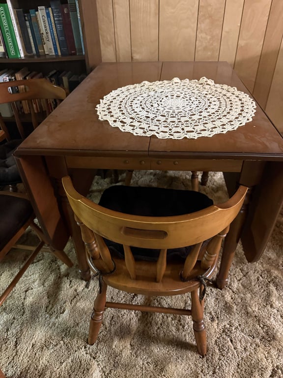 ANT. WALNUT DROP LEAF KITCHEN TABLE W/6 CHAIRS - Image 2