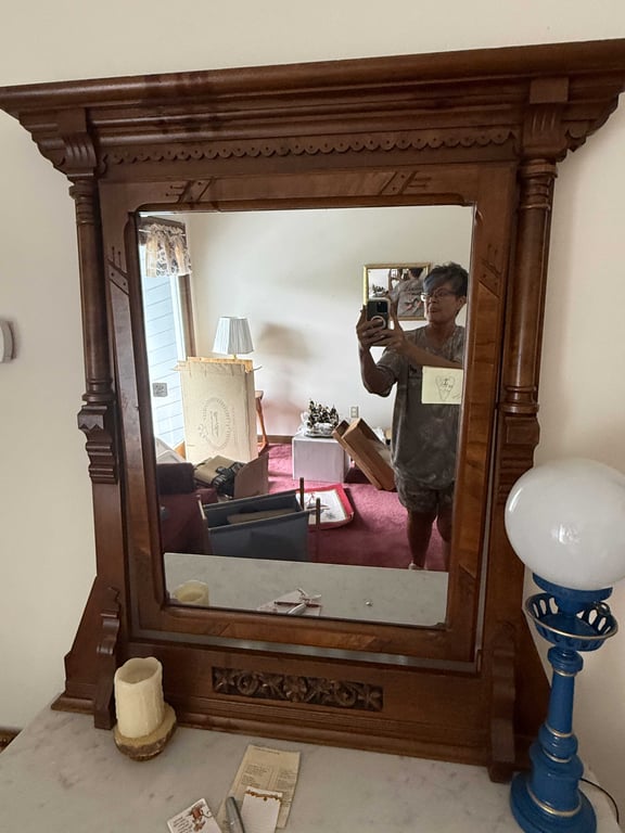 EASTLAKE WALNUT DRESSER W/WHITE MARBLE TOP & ORNATE MIRROR - Image 2