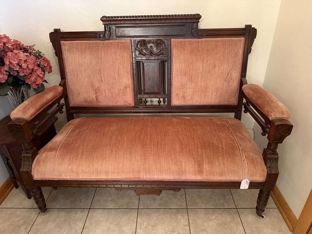VICTORIAN EASTLAKE SETTEE W DARK WOOD FRAME