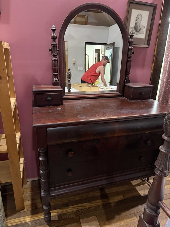 2 PC ANTIQUE SERPENTINE FRONT DRESSER & CHEST OF DRAWERS