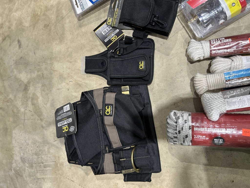 Tote of rope, tool holders, doorknobs, wire brads - Image 3