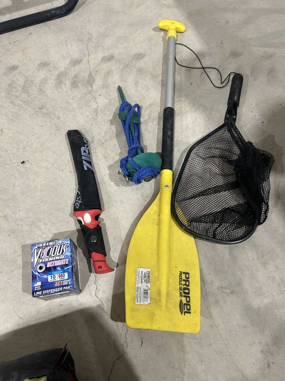Box of misc arrows, knife, fishing supplies, etc - Image 2