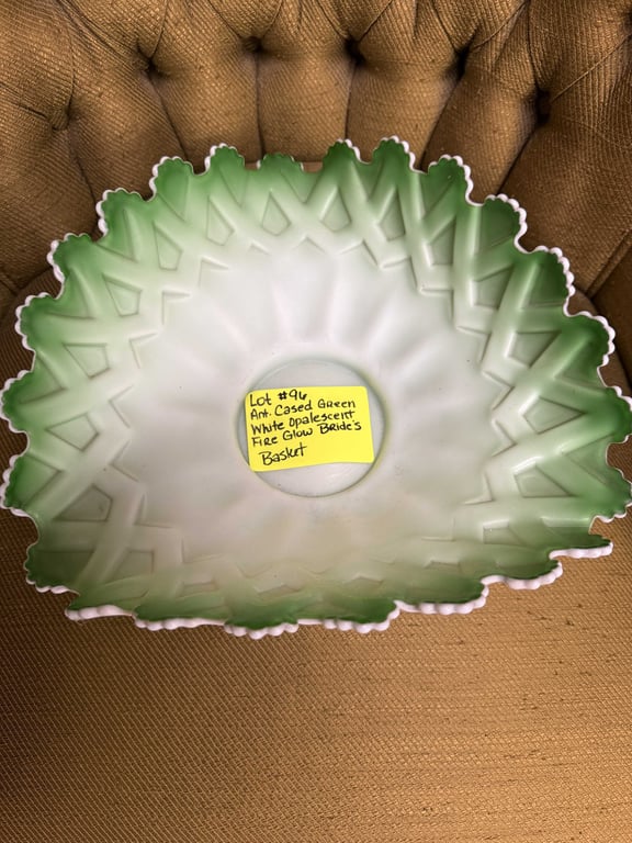 ANT CASED GREEN WHITE OPALESCENT FIRE GLOW BRIDES BASKET