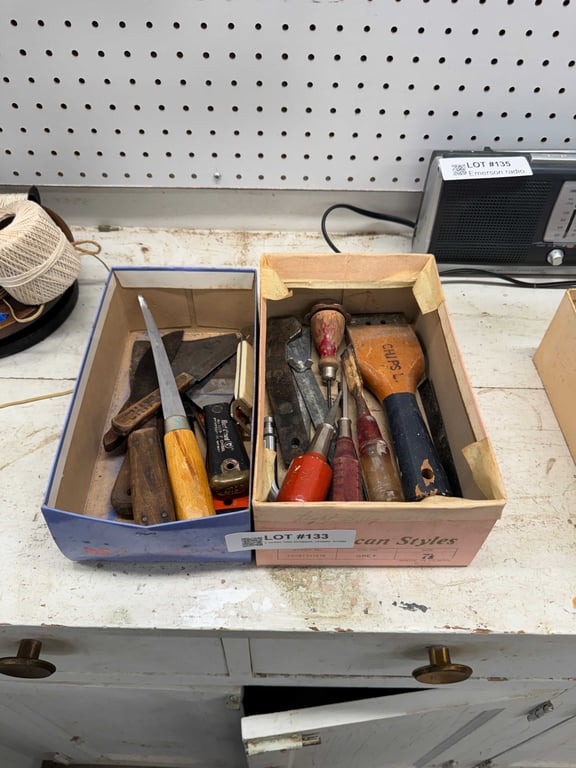 2 boxes misc scrapers, chisels, knives