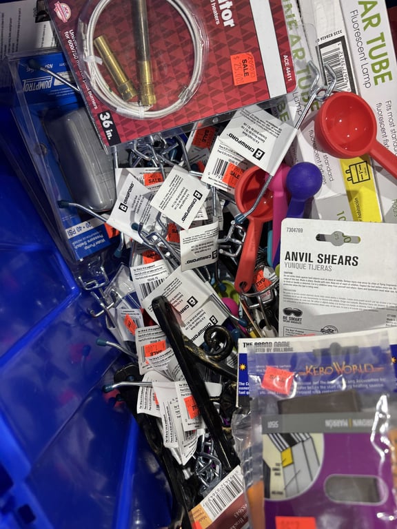 Tote of fluorescent bulbs, scissors, hooks, misc - Image 7