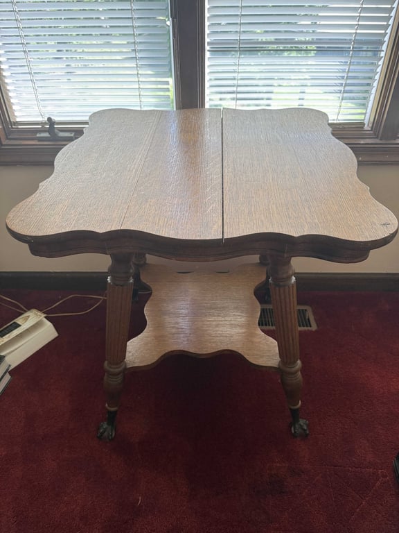 VTG TIGER OAK PARLOR TABLE W/GLASS CLAW AND BALL FEET