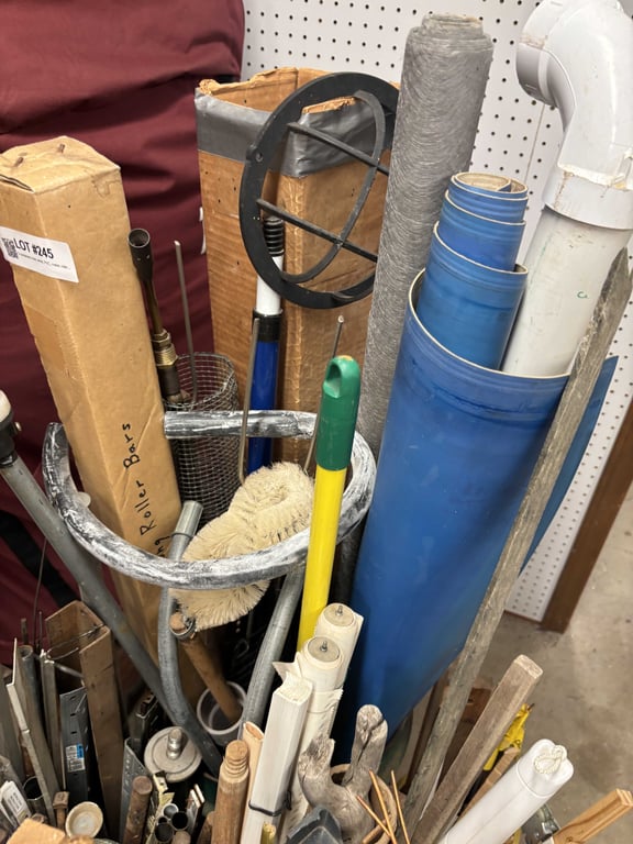 5 containers misc wood, PVC, metal, rolling cart, etc - Image 4