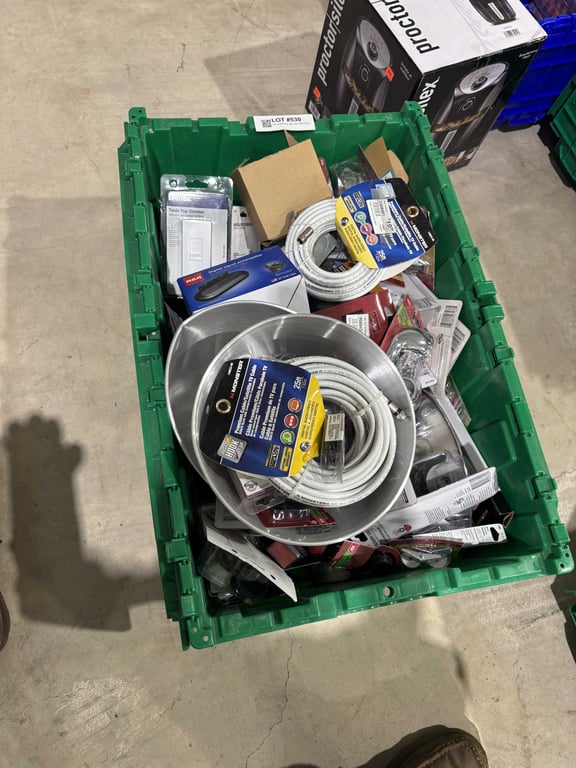 Tote of plumbing, wire, coax cable, electric, misc