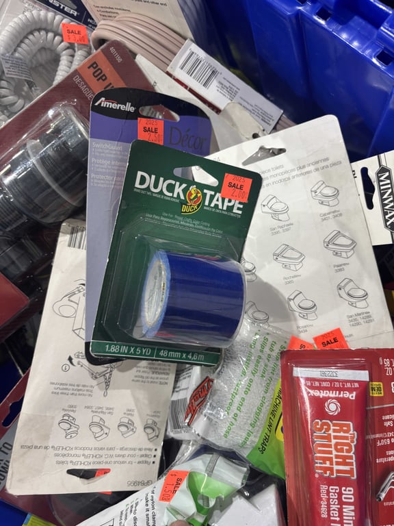 Tote of toilet flappers, spackling, toilet connectors, telephone line, extension cord, misc - Image 6