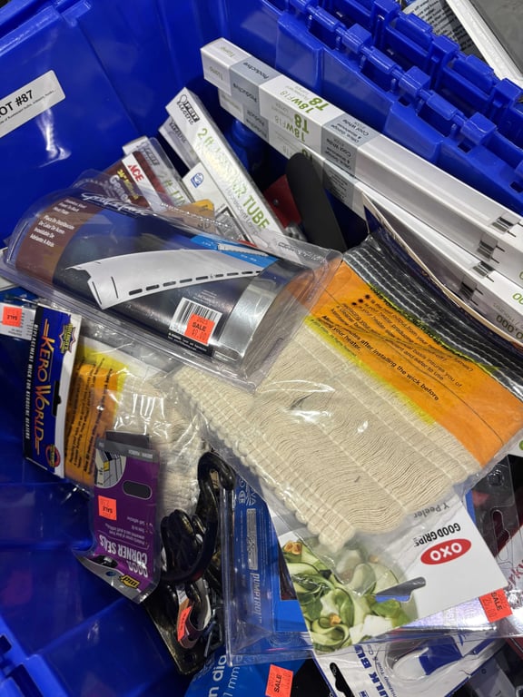 Tote of fluorescent bulbs, scissors, hooks, misc - Image 4