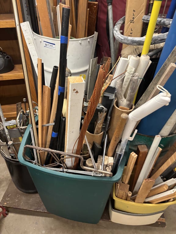 5 containers misc wood, PVC, metal, rolling cart, etc - Image 2