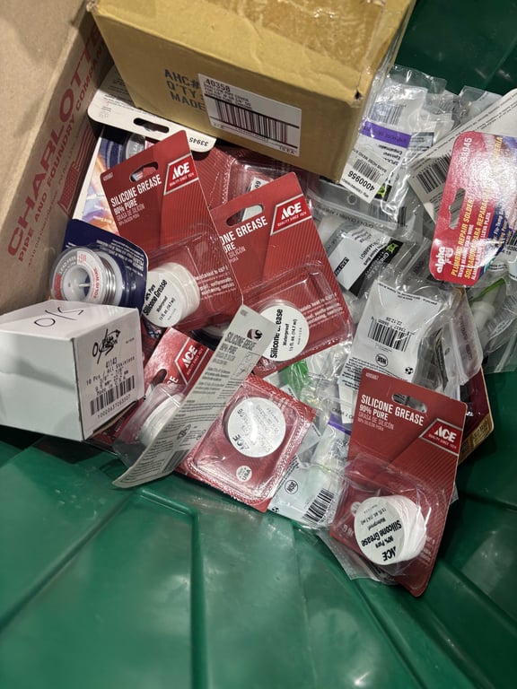 Tote of silicone grease, door hardware, plumbing solder, etc - Image 4