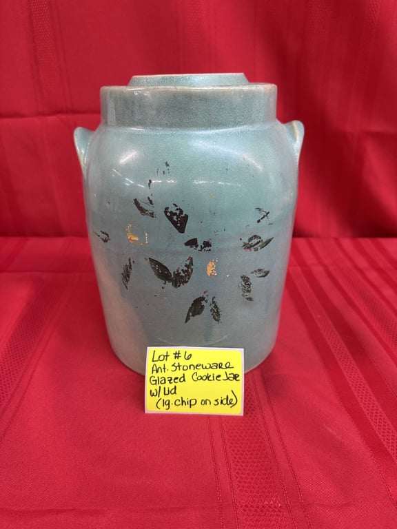 ANT. STONEWARE GLAZED COOKIE JAR (LG. CHIP IN SIDE)