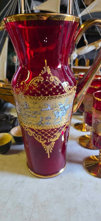ITALIAN RUBY RED GLASS & GOLD GILDED PITCHER SET